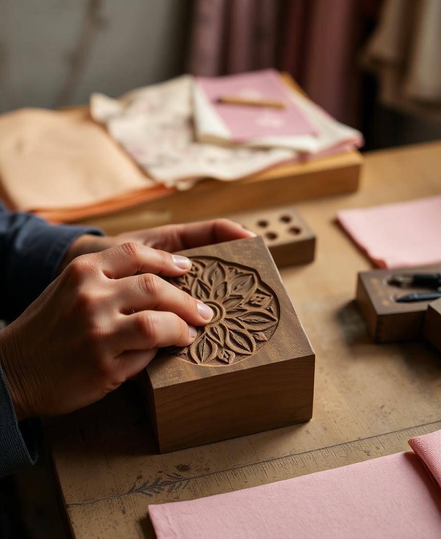 Artisan hands holding a hand-carved wooden printing block