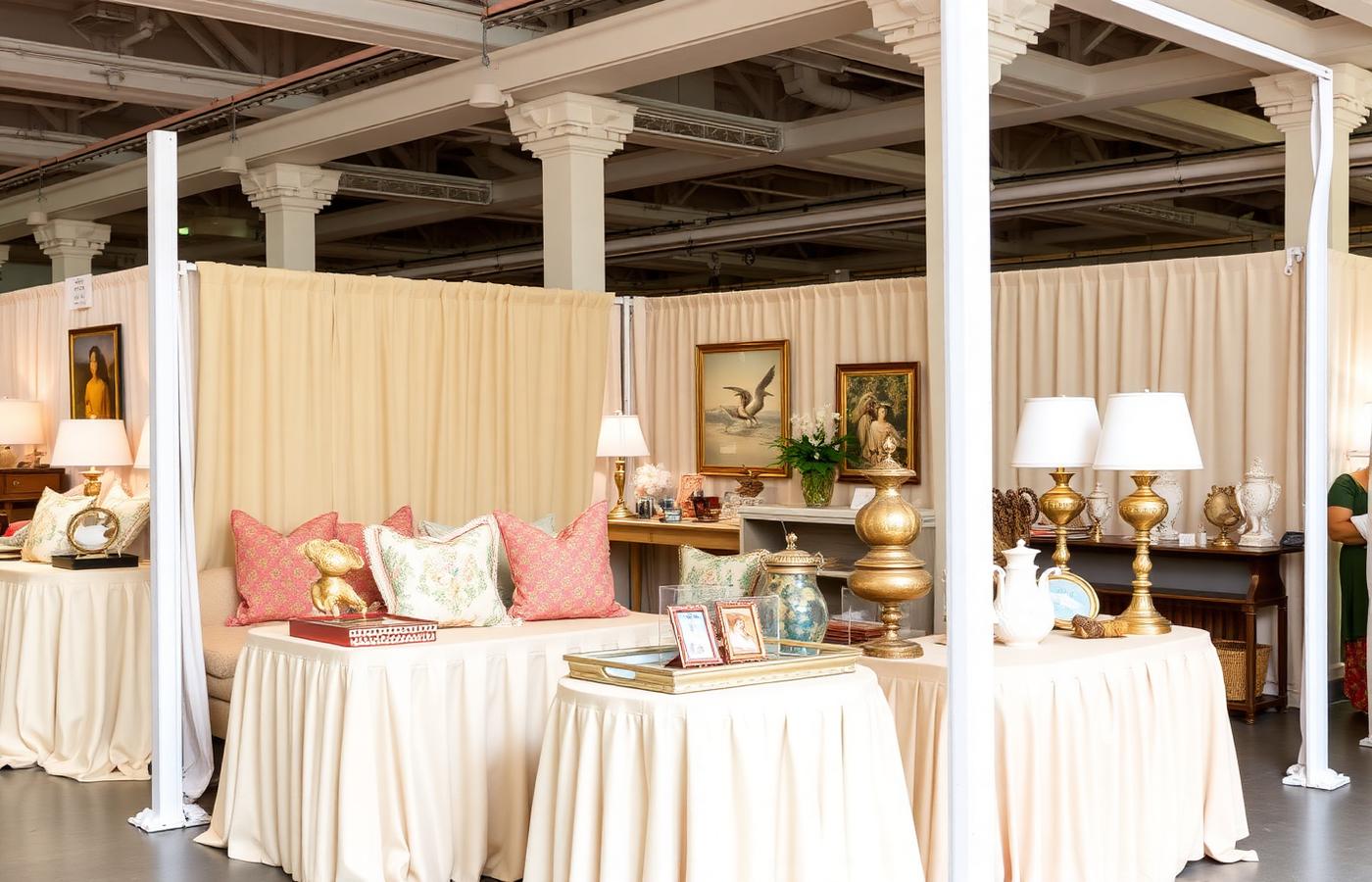 The Heritage Haus pop-up booth styled with cushions, trays and brass lamps