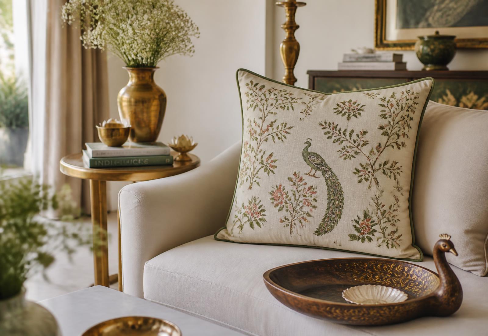 Living room styled with a hand-embroidered peacock cushion and brass accents